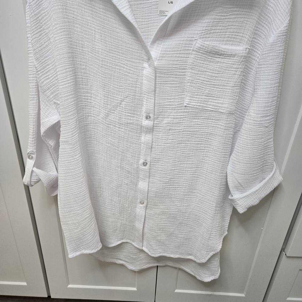 Tahiti White Cotton Gauze Button Up Shirt 1X Beach Cover Up‎ Coastal Resort - Picture 7 of 12